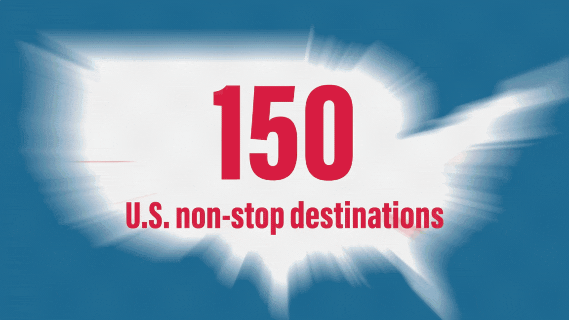 A stylized map of the United States with 150 non-stop destinations highlighted in Atlanta, Georgia.