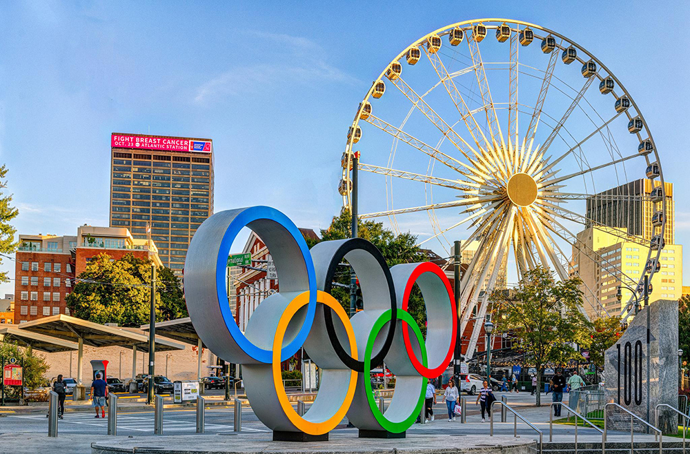 Skyview and Olympic Rings at Centennial Olympic Park in Atlanta Downtown